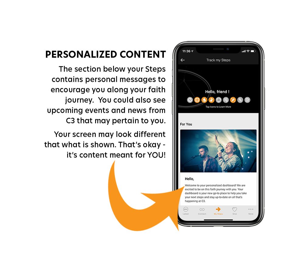 The section below your Steps contains personal messages to encourage you along your faith journey.  You may also see upcoming events and news from C3 that may pertain to you.